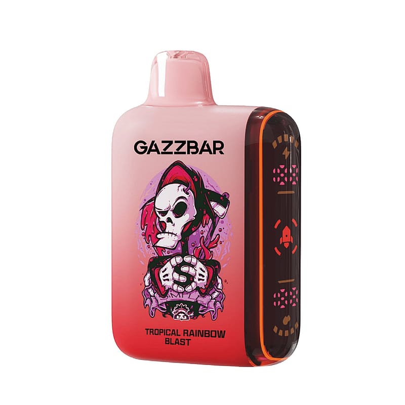 Ein rosafarbenes und rotes Vape-Gerät mit der Aufschrift "GAZZBAR", das eine Totenkopfgrafik und die Geschmacksrichtung "Tropical Rainbow Blast" zeigt.
