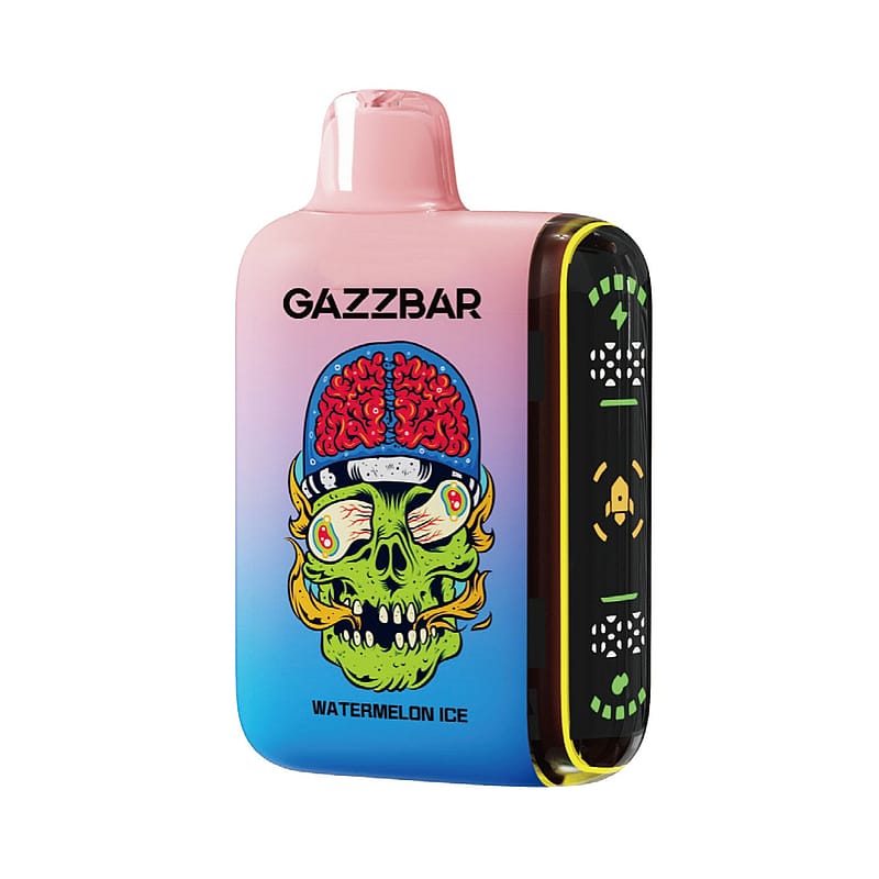 Ein rosafarbenes und blaues Gazzbar Vape-Gerät mit der Grafik eines grünen Zombie-Schädels mit freiliegendem Gehirn auf der Vorderseite und dem Text "GAZZBAR WATERMELON ICE".