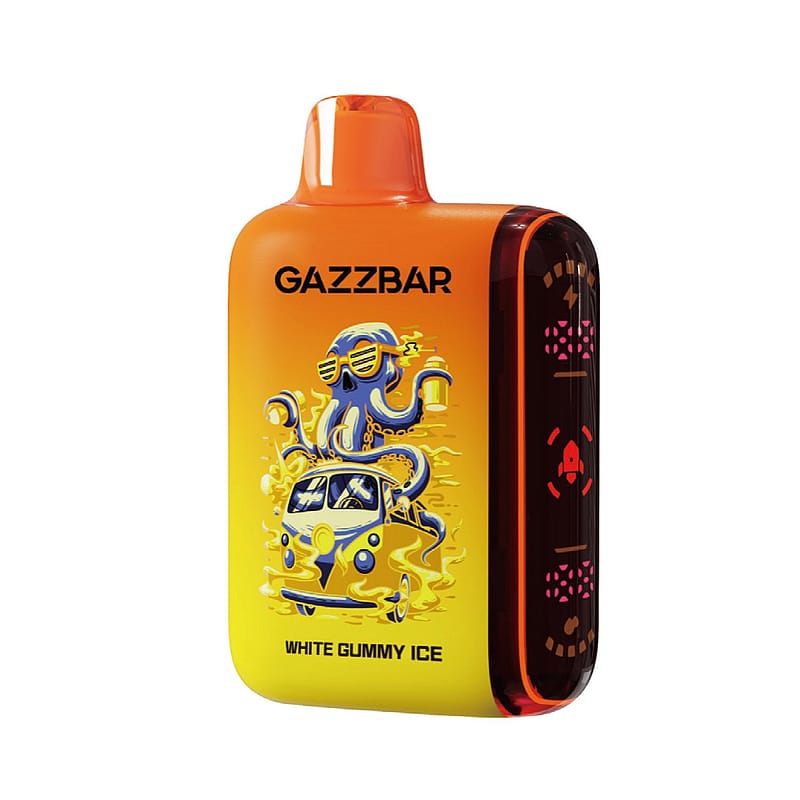 Orangefarbenes GazzBar Vape-Gerät mit der Abbildung eines blauen Oktopus, der eine Sonnenbrille trägt, Becher hält und einen gelben Lieferwagen mit der Aufschrift "White Gummy Ice" fährt.