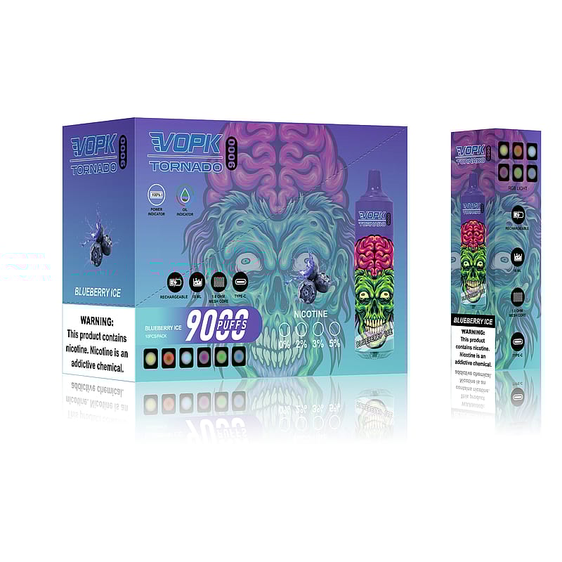 Förpackning för VOPK Tornado 9000 puffs engångsvape i smaken Blueberry Ice, med en livfull, färgglad dödskallegrafik med en synlig hjärna. Varningar om nikotininnehåll och en beroendeframkallande kemikalie visas.