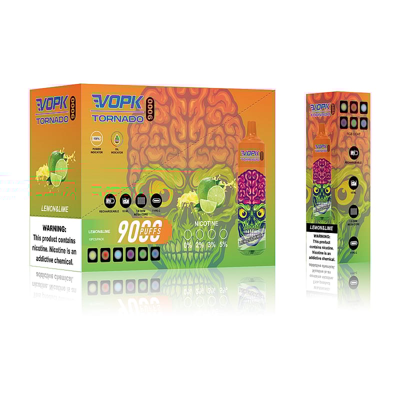 Förpackning för VOPK Tornado 9000 Lemon & Lime engångsvape, med illustrationer av en levande dödskalle, 9000 bloss, valfri nikotinnivå och varningar om att nikotin är en beroendeframkallande kemikalie.