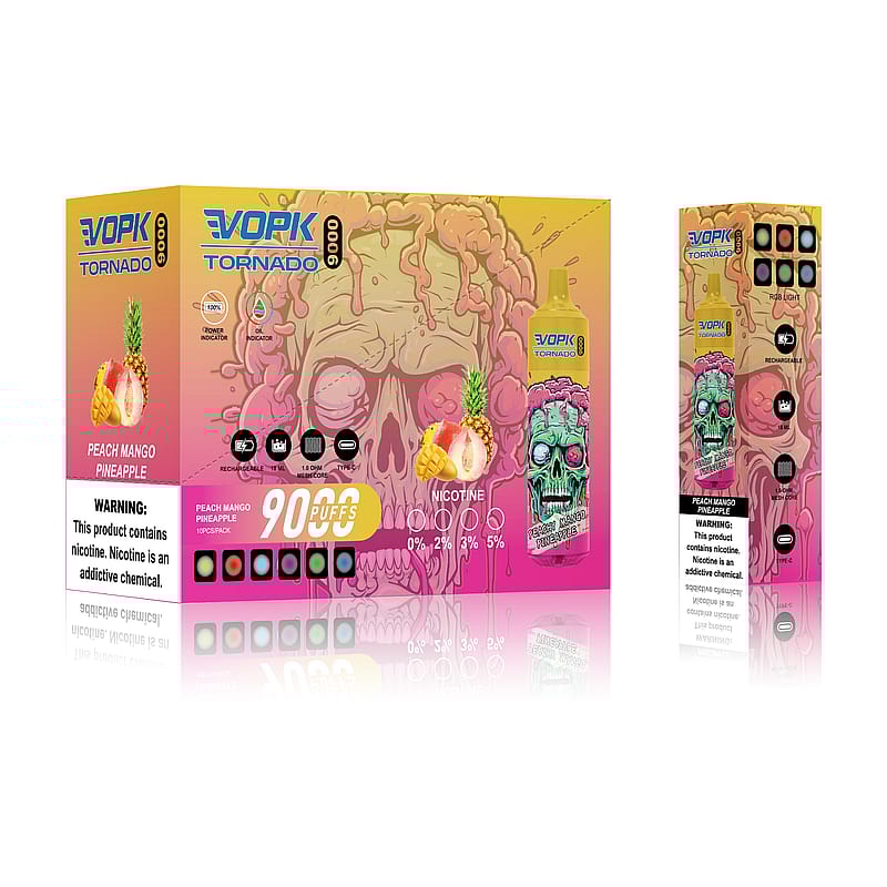 Förpackning med en vaping-enhet märkt "VOPK Tornado 9000" med smak av persika, mango och ananas, med en färgglad design med en dödskalle, varningsetiketter om nikotinberoende och ikoner som anger antal puffar, nikotinnivåer och uppladdningsbara funktioner.