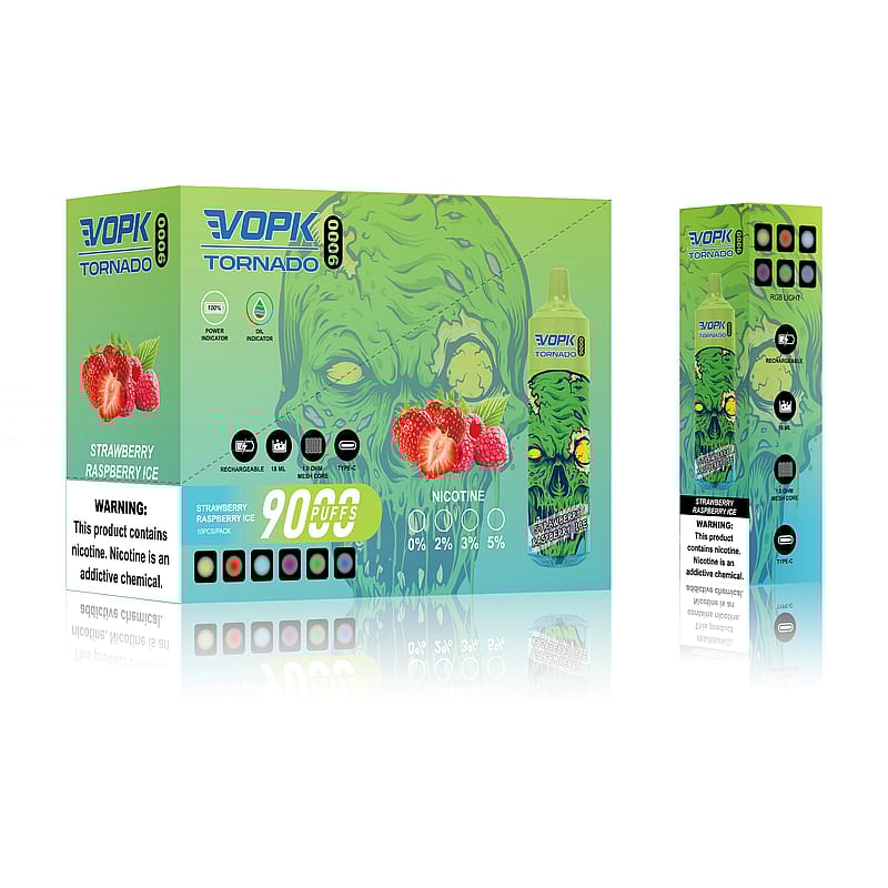 Vapeförpackning för "VOPK Tornado 9000" med smak Strawberry Raspberry Ice, med ett grönt zombieliknande ansikte, nikotinnivåer från 0% till 5% och en varningstext om nikotins beroendeframkallande egenskaper.
