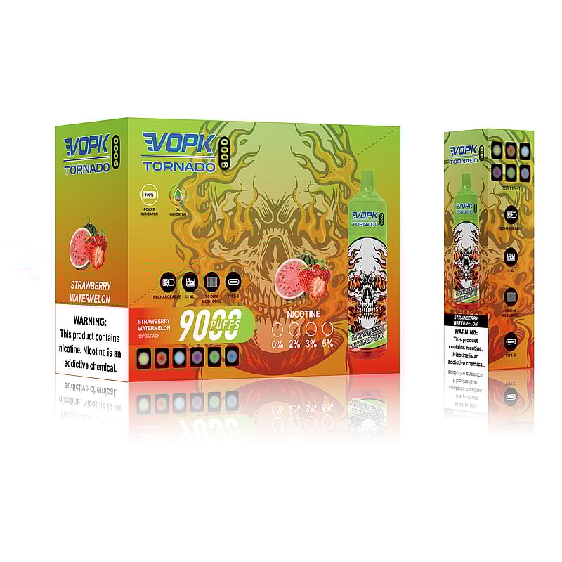 Vape-förpackning med "Vopk Tornado 9000" i en jordgubbs-vattenmelon-smak, med en eldig dödskalle-design, valbara nikotinstyrkor och en varningsetikett om nikotinberoende.