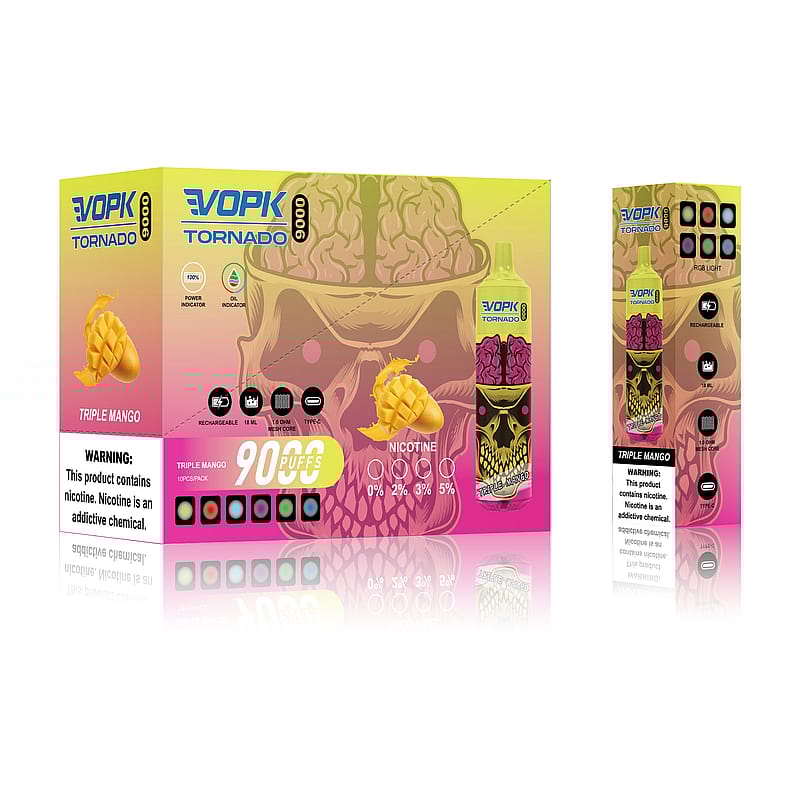 Förpackning för en VOPK Tornado 9000 engångsvape med smaken "Triple Mango", som visar produktdesignen med en dödskalle, mangobilder och nikotinalternativ från 0% till 5%, tillsammans med varningar om nikotinberoende.
