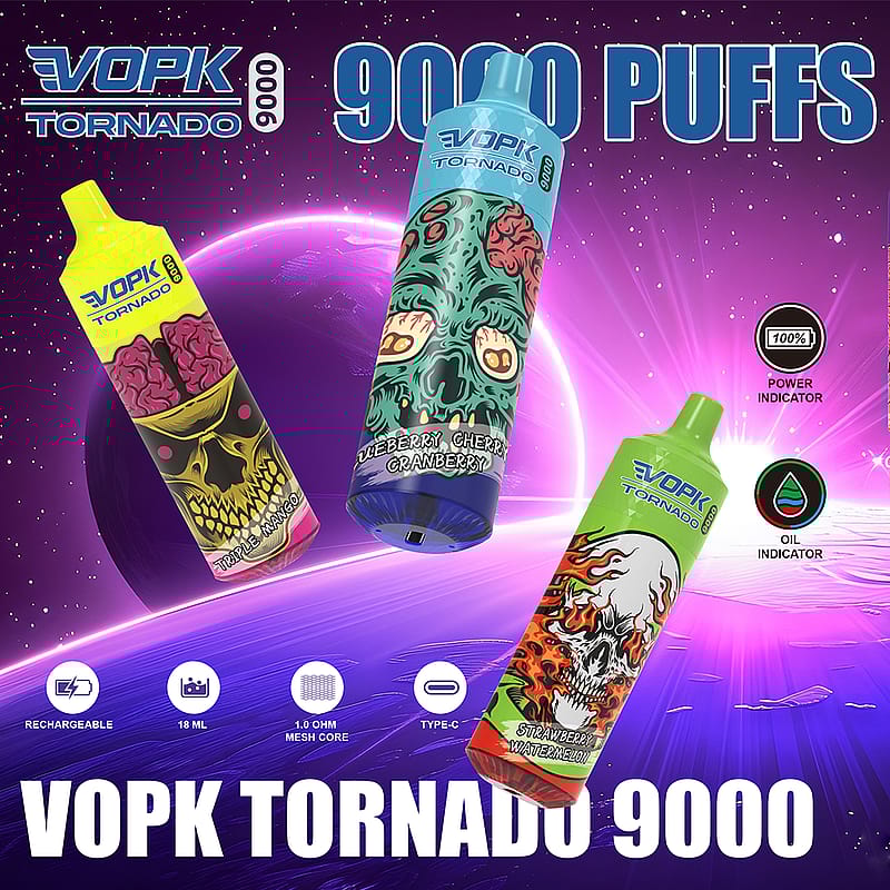 "VOPK Tornado 9000 engångsvape med tre färgglada designer, med smaker som Triple Mango, Blueberry Cherry Cranberry och Strawberry Watermelon, 9000 puffar, uppladdningsbar, 18 ml, 1,0 ohm mesh core och Type-C laddning."