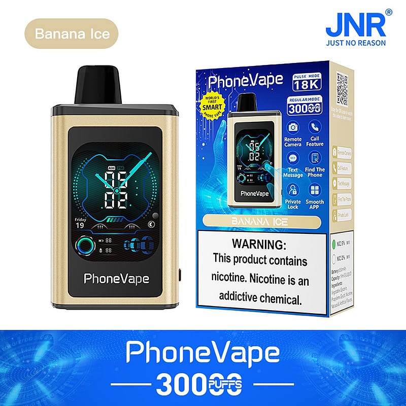 Dispositivo per svapare PhoneVape Banana Ice con display digitale dell'orologio, fotocamera remota, funzioni di chiamata, SMS e ricerca telefono, che offre 30000 tiri. Attenzione: il prodotto contiene nicotina.