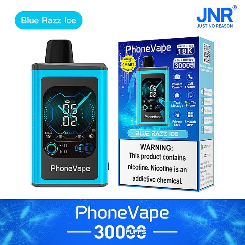 "Dispositivo per svapare PhoneVape Blue Razz Ice con 3000 tiri, dotato di display digitale e funzioni quali fotocamera remota, funzione di chiamata e messaggistica di testo."
