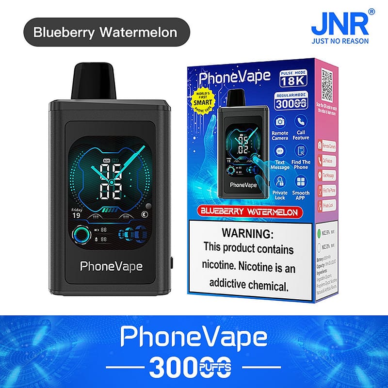 "Dispositivo per svapare PhoneVape Blueberry Watermelon con 3000 tiri, dotato di un design intelligente con funzioni di fotocamera remota, chiamata, messaggio di testo e blocco privato. Contiene nicotina."
