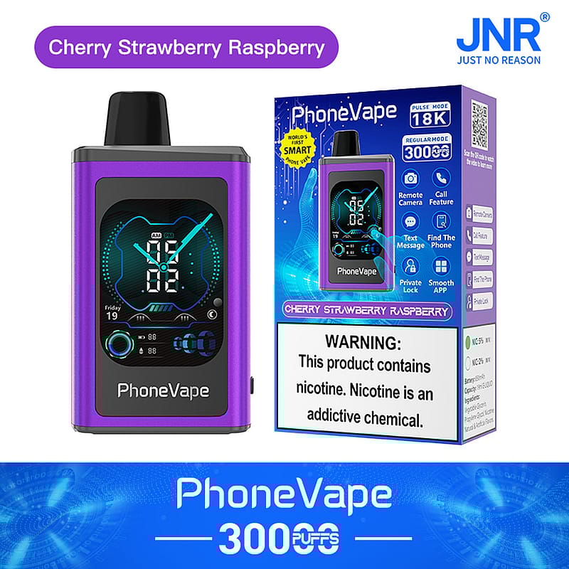 Dispositivo PhoneVape viola con display digitale che mostra l'ora e le icone, insieme alla confezione che riporta il gusto "Ciliegia, Fragola, Lampone" e dettagli del prodotto tra cui "3000 boccate" e avvertenza sulla nicotina.