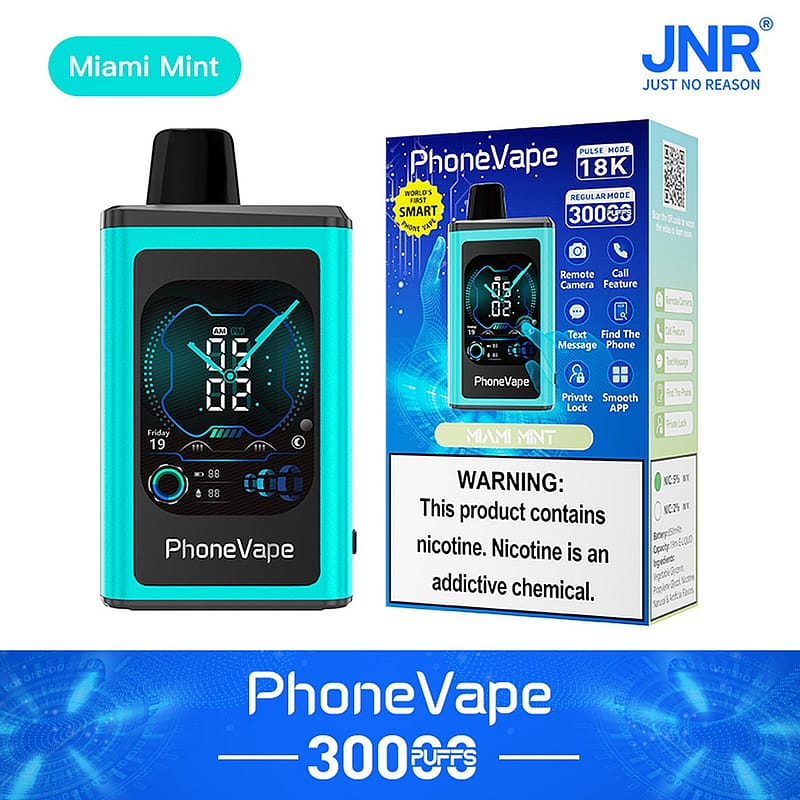 Dispositivo vape monouso PhoneVape Miami Mint con 3000 tiri, display orologio digitale e funzioni intelligenti come fotocamera remota, funzione chiamata, messaggio di testo e trova telefono. La confezione include avviso di nicotina.