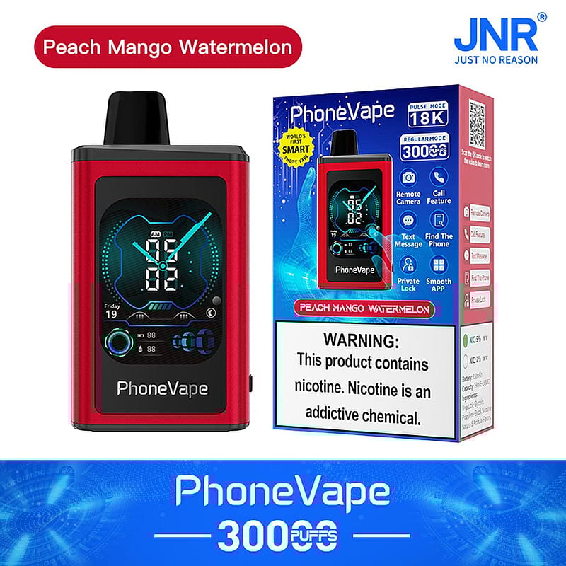 Dispositivo PhoneVape da 3000 tiri al gusto Pesca Mango Anguria con display intelligente, dotato di funzioni come fotocamera remota, chiamata, messaggio di testo, trova telefono e blocco privato. La confezione evidenzia "Il primo svapo intelligente al mondo" con avviso di nicotina.