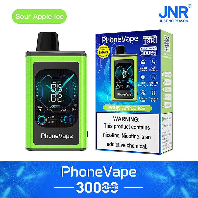 Dispositivo PhoneVape e confezione al gusto Sour Apple Ice, con display digitale con orologio e icone per funzioni intelligenti come fotocamera remota, messaggistica di testo e ricerca telefono. Sulla scatola è visualizzata un'etichetta di avvertenza sulla dipendenza da nicotina.