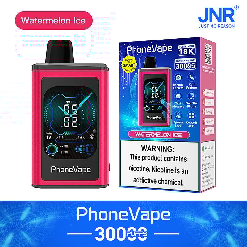 Dispositivo PhoneVape al gusto Watermelon Ice con 3000 tiri, dotato di un display con orologio digitale e una scatola che mostra funzioni come fotocamera remota, messaggistica di testo e funzionalità di chiamata. È presente un'etichetta di avvertenza sulla nicotina.