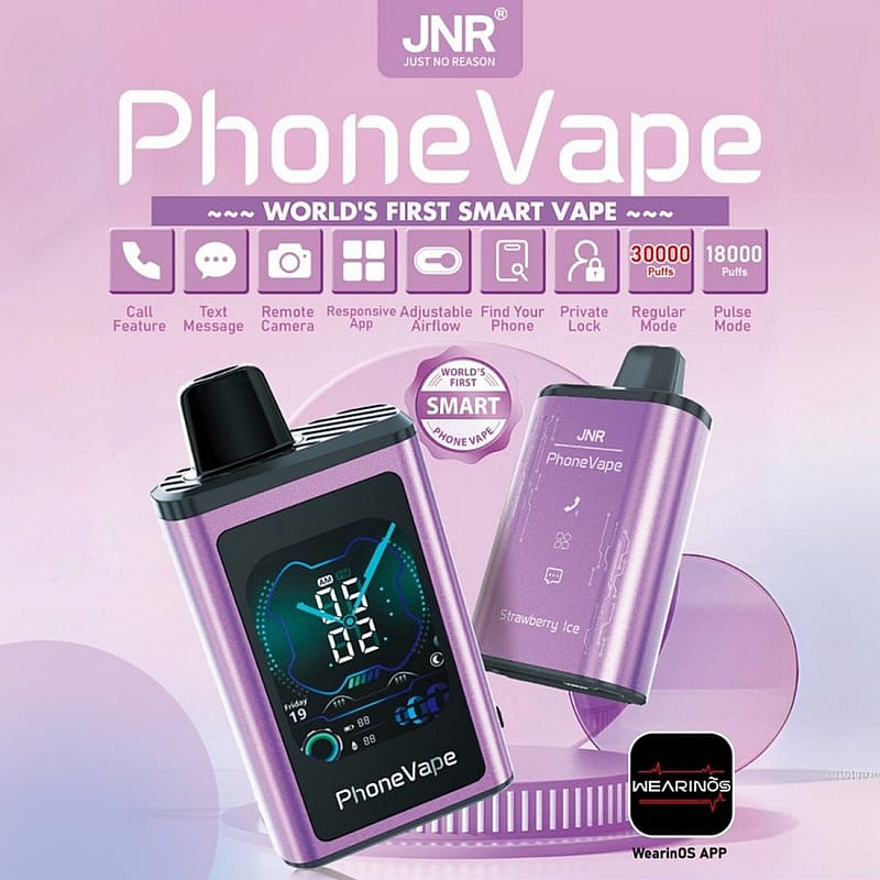 Dispositivo smart vape viola chiamato "PhoneVape" di JNR, etichettato come il primo smart vape al mondo, con funzioni come chiamata, testo, fotocamera remota, flusso d'aria regolabile, localizzatore di telefono e blocco privato. Mostrato accanto a delle icone, vanta 30.000 boccate e mostra un'integrazione dell'app con WearinOS.
