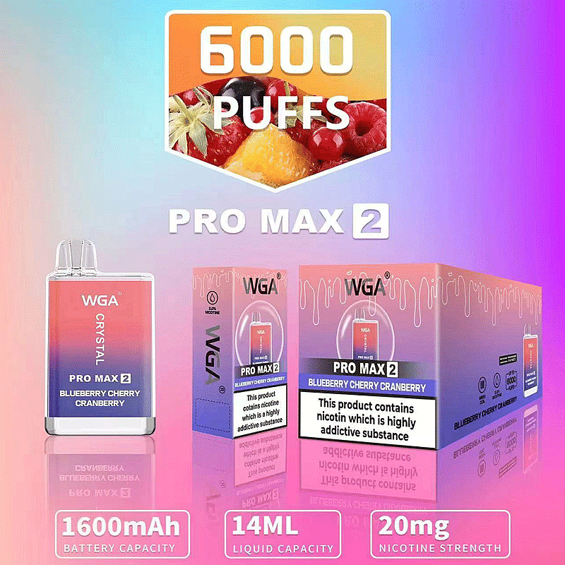 WGA Pro Max 2 vape device featuring 6000 puffs, blueberry cherry cranberry flavor, 1600mAh battery capacity, 14ml liquid capacity, and 20mg nicotine strength.