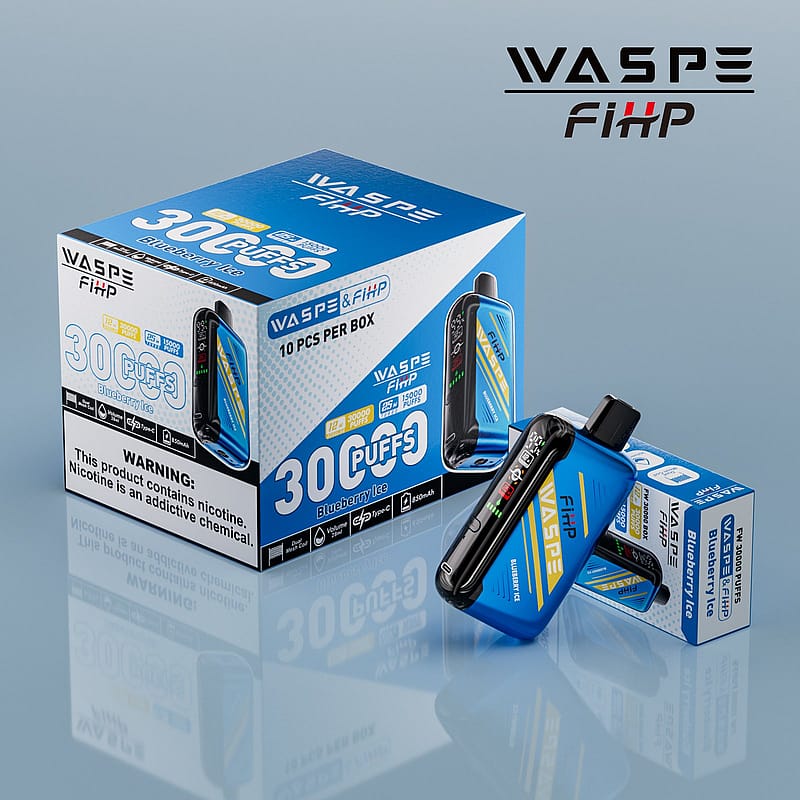 Förpackning och en vaping-enhet för WASPE FiHP Blueberry Ice, med en etikett för 30 bloss, nikotinvarning och produktinformation.