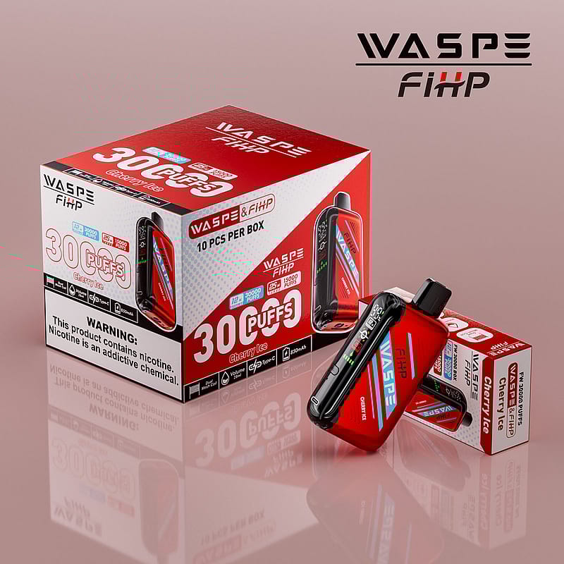 Förpackning och produktbild för WASPE & FIHP Cherry Ice engångsvape med 30 puffar, med asken och enheten i rött med varumärke och varningar om nikotininnehåll.