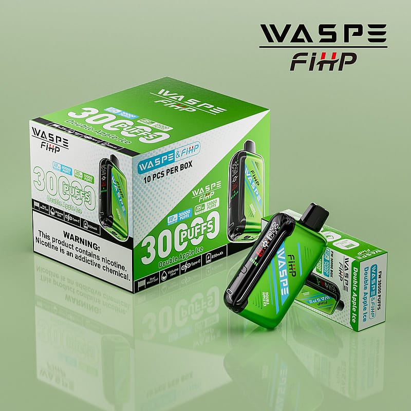 En grön ask och en vape-enhet märkta "WASPE FiHP 30 Puffs Double Apple Ice", med varningar om nikotininnehåll och texten "10 pcs per box".