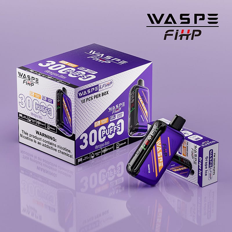 En låda med WASPE FiHP grape ice vaping-enheter, med en lila design med "30 puffs" märkt i stor text.
