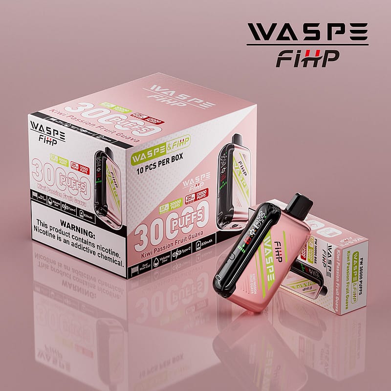 En låda med WASPE FiHP Kiwi Passion Fruit Guava vape-enheter som visar förpackningar för 10 enheter, med 30 000 puffar, varningsetiketter och en enhet som visas på framsidan.