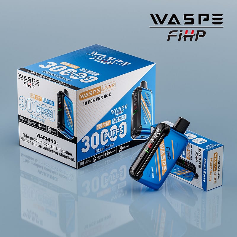 Bild på Wasp FiHP vape produktförpackning och enhet, med "30 Puffs Mixed Berry" smak, med en nikotinvarning.
