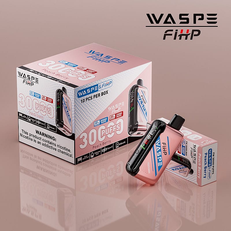 Förpackning och produkt för en WASPE & FiHP engångsvape, med 30 puffar, Peach Berry-smak och nikotinvarningar.