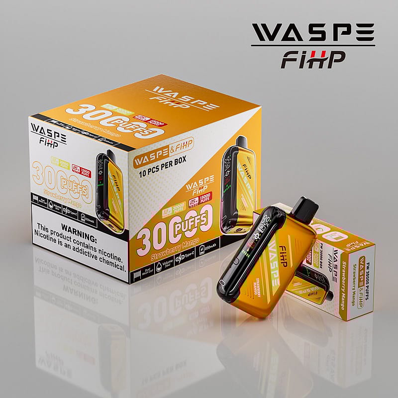 En låda och två engångsprodukter märkta "WASPE & FiHP" med jordgubbsmangosmak, 30 puffar och en nikotinvarning.