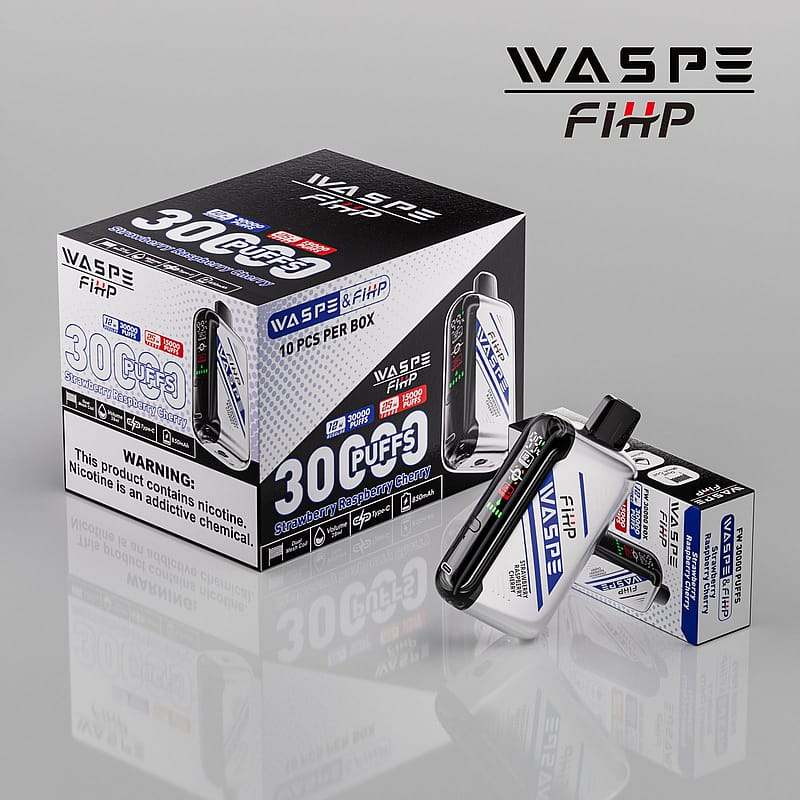 Förpackning för WASPE FiHP vape-enheter, med en 10-pack ask märkt "30 Puffs" i Strawberry Raspberry Cherry-smak, med nikotinvarning och produktinformation.
