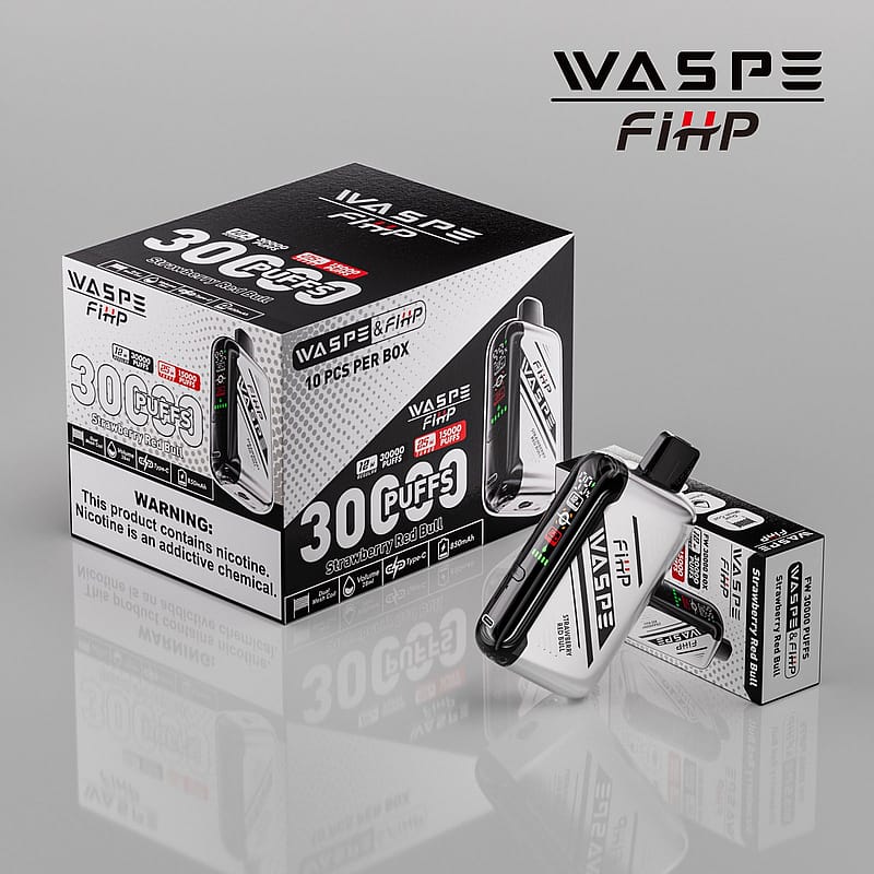 Förpackning för WASPE FiHP vaping-enhet med "30 Puffs" Strawberry Red Bull-smak, med viktiga detaljer som nikotininnehåll, blåskapacitet och hälsovarning om nikotinberoende.