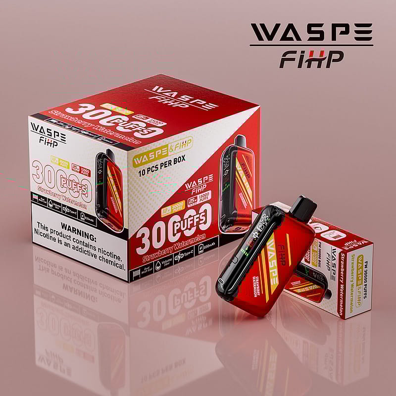 En ask och två enskilda produkter märkta "WASPE FIHP" med "30 Puffs" och smaken "Strawberry Watermelon", med en nikotinvarning.