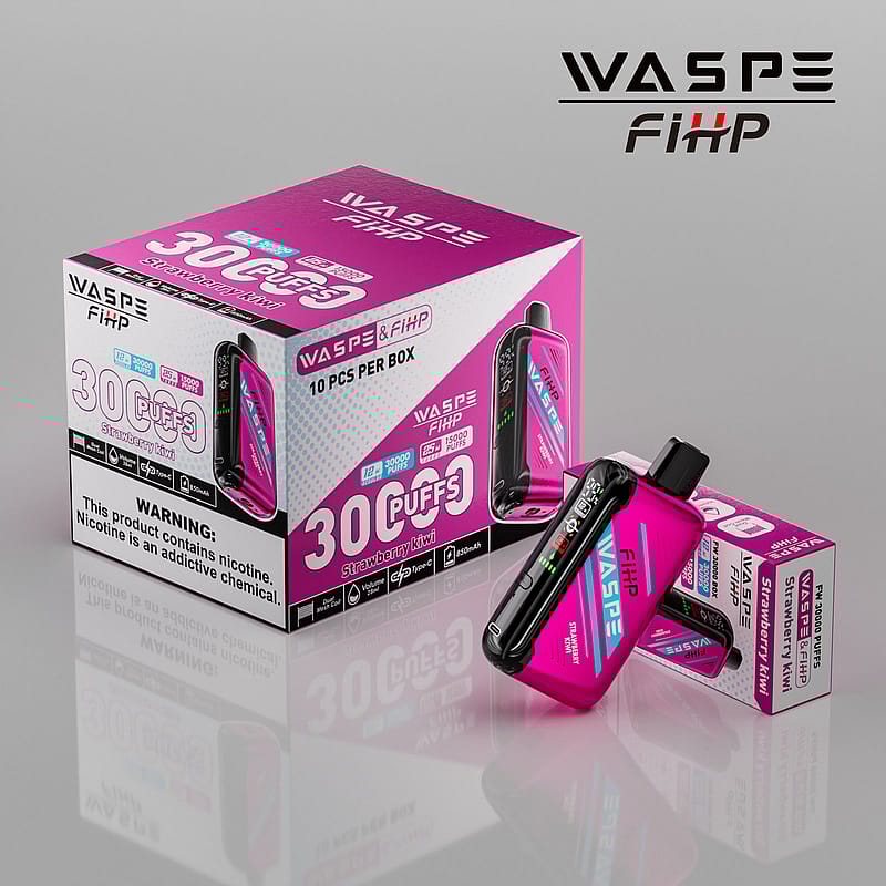 Låda och pipett med WASPE FiHP Strawberry Kiwi flavor, 30 bloss, med produktinformation och varningsetikett för nikotin visas.