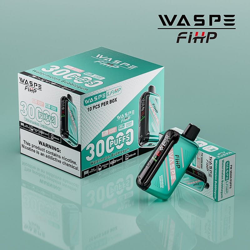 En blågrön och svart vape-enhet märkt "WASPE FiHP" tillsammans med förpackningar som visar "30 puffar" och "Watermelon Bubblegum" -smak, med en nikotinvarning längst ner.