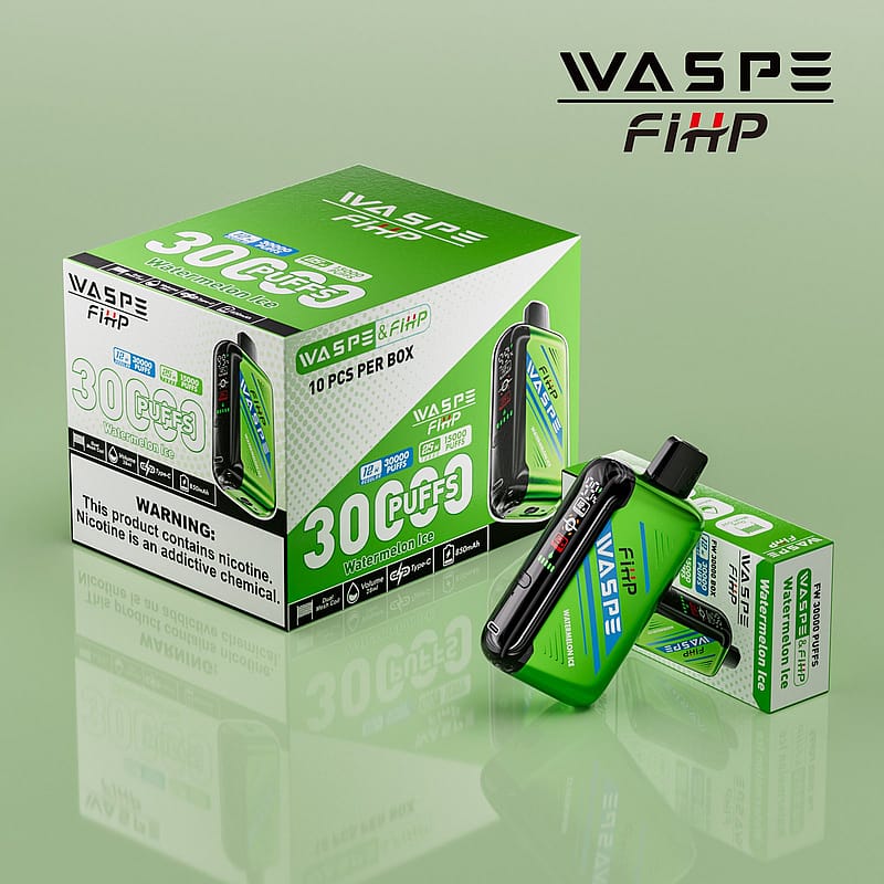 WASPE FiHP Watermelon Ice engångsvape box med 10 enheter, med en grön design, 3000mAh batteri, 12ml e-juice och 30 puffar per enhet.