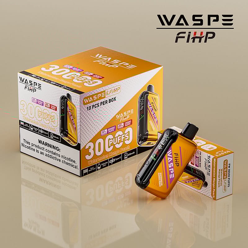 Förpackning och produktvisning av WASPE FiHP engångsvape, med "30 000 puffar" och smaken "Watermelon Mango Peach".