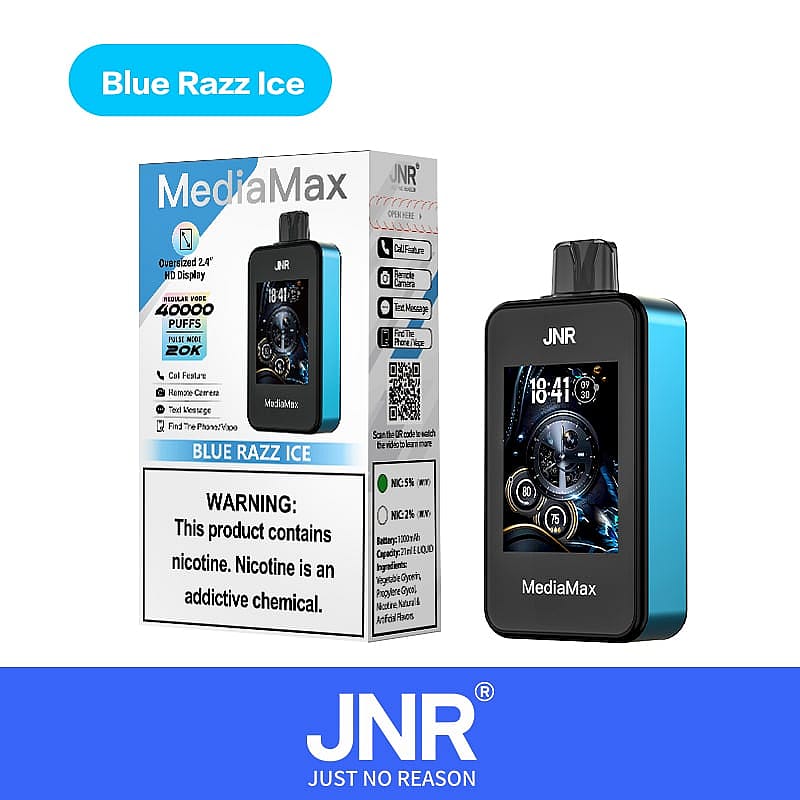 JNR MediaMax-Dampfgerät mit Blue Razz Ice-Geschmack, 2,4-Zoll-HD-Display, Kapazität für 40.000 Züge und Warnhinweis zu Nikotin.