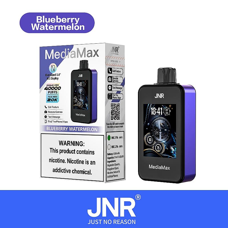JNR MediaMax-Vaping-Gerät mit Blaubeer-Wassermelonengeschmack und 2,4-Zoll-HD-Display, das 40.000 Züge und verschiedene Funktionen wie Anrufe, Fernkamera, Textnachrichten und Telefonsuche bietet.