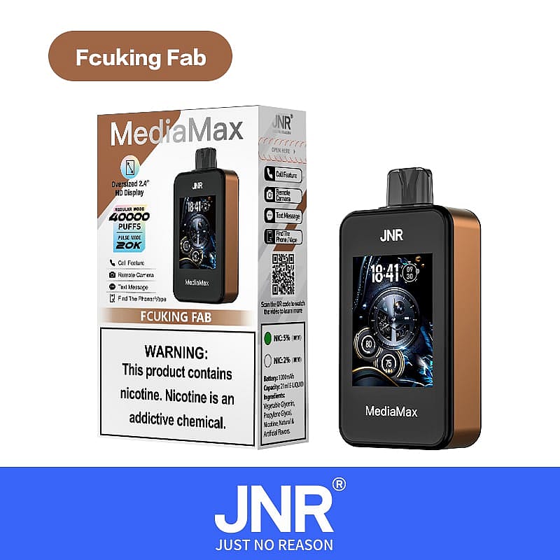 MediaMax-Vaping-Gerät von JNR mit einem 2,4-Zoll-HD-Display, das Funktionen wie Anrufe, Fernkamera, Textnachrichten und die Funktion „Telefon suchen“ anzeigt; Verpackung enthält Nikotinwarnung.