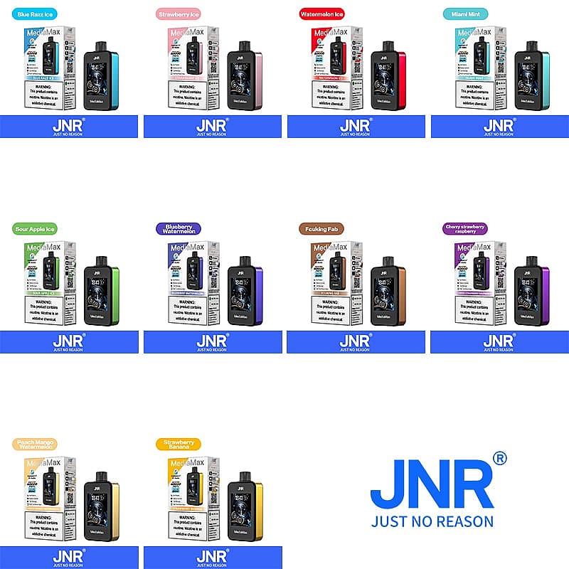 JNR Mega Max Vape-Produkte werden in verschiedenen Geschmacksrichtungen angeboten, darunter Blue Razz Ice, Strawberry Ice, Watermelon Ice, Miami Mint, Sour Apple Ice, Blueberry Watermelon, Fucking Fab, Cherry Strawberry Raspberry, Peach Mango Watermelon und Strawberry Banana, mit dem „Just No Reason“-Branding.
