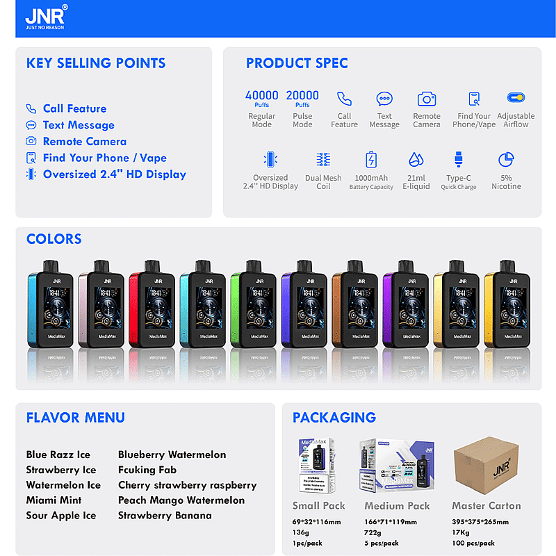 Produktdetails zum JNR-Vaping-Gerät mit Modi für 40.000 und 20.000 Züge, Anruf- und Textfunktionen, Fernkamera, Telefonortung, einstellbarer Luftzufuhr, 2,4-Zoll-HD-Display, Dual-Mesh-Spule, 1000-mAh-Akku, 2,1 ml E-Liquid-Kapazität, Typ-C-Aufladung, 5% Nikotin. Erhältlich in verschiedenen Farben mit Geschmacksrichtungen wie Blue Razz Ice und Strawberry Ice. Zu den Verpackungsoptionen gehören kleine, mittlere und Umkartonpackungen.