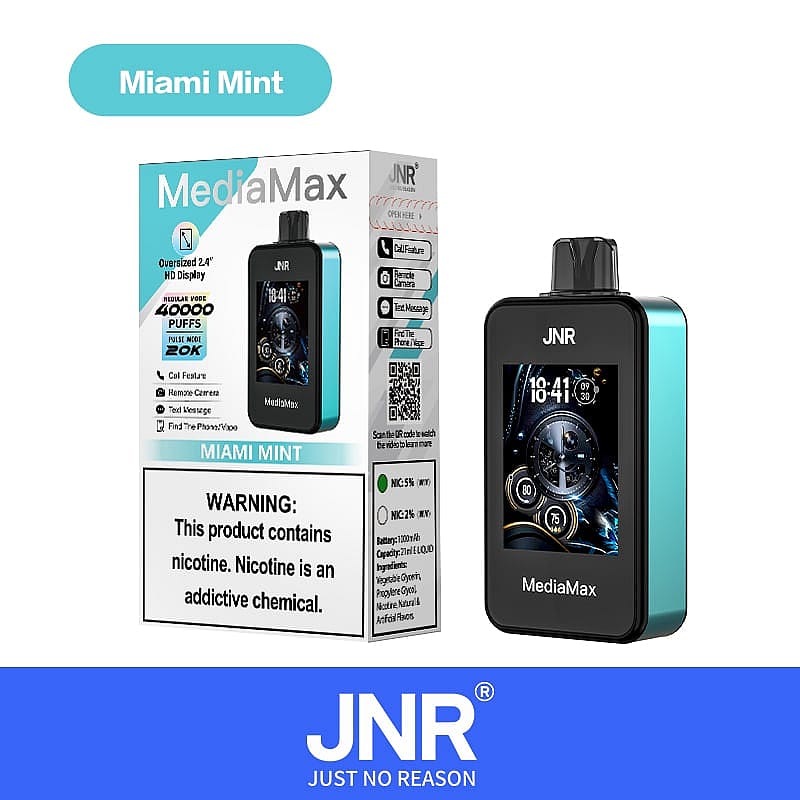 JNR MediaMax-Dampfgerät mit 2,4-Zoll-HD-Display, Kapazität für 40.000 Züge, Miami-Mint-Geschmack und Nikotinwarnhinweis.