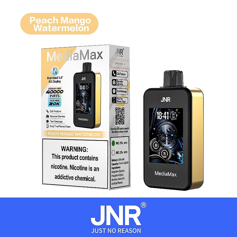JNR MediaMax-Dampfgerät mit Pfirsich-Mango-Wassermelonengeschmack und übergroßem 2,4-Zoll-HD-Display mit Anzeige der Batterie- und Nikotinoptionen und einer Kapazität von 40.000 Zügen.