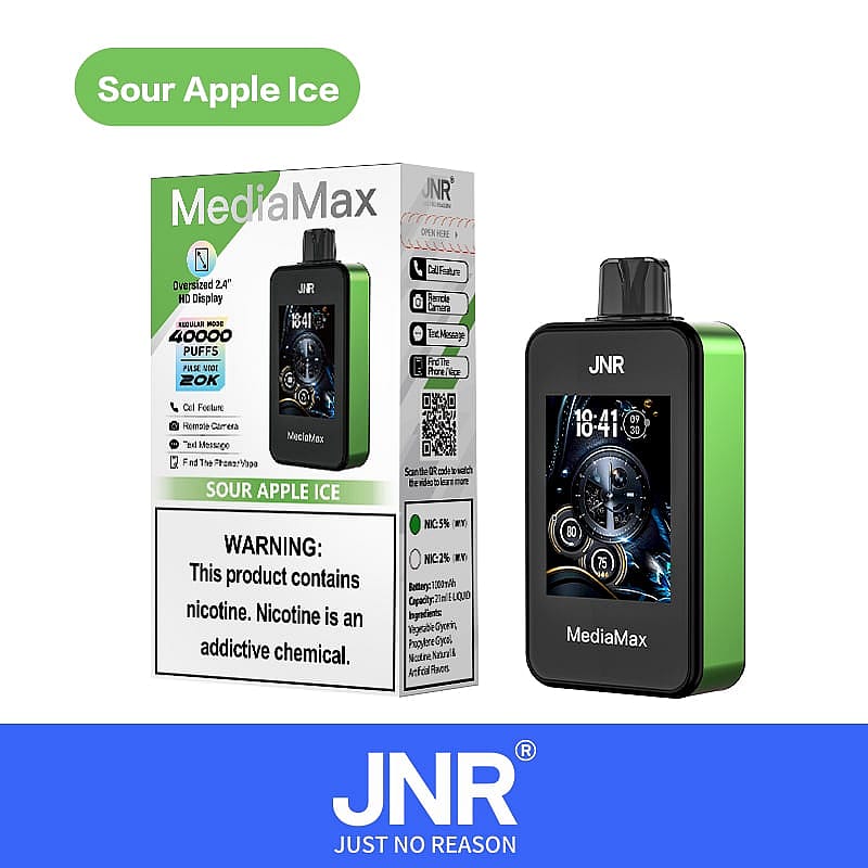 Sour Apple Ice JNR MediaMax-Vape-Gerät mit einem 2,4-Zoll-HD-Display, das eine Kapazität von „40000 Zügen“, die Optionen „Nic 5%“ oder „Nic 2%“ und einen Gesundheitshinweis bezüglich Nikotin anzeigt.