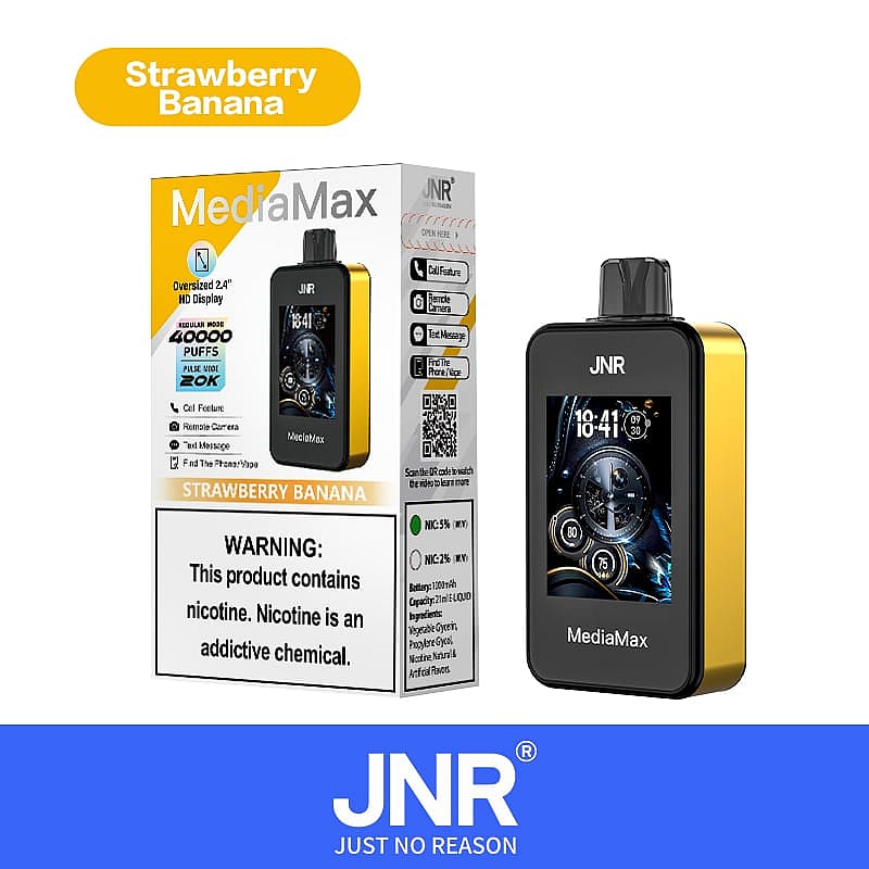 JNR MediaMax-Vaping-Gerät mit Erdbeer-Bananen-Geschmack und 2,4-Zoll-HD-Display, Anruf-, Fernkamera- und SMS-Funktionen sowie Nikotinwarnungen.