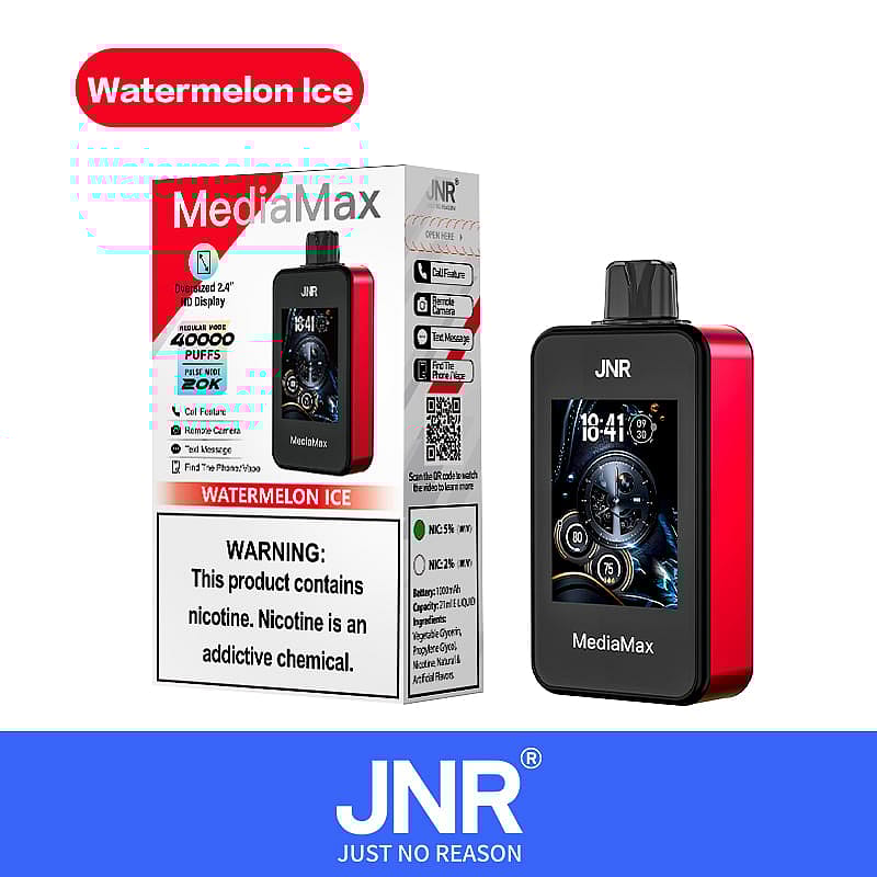 MediaMax-Dampfgerät in Rot, Marke „JNR“, mit Funktionen wie Anruf, Fernkamera, SMS und „Mein Telefon suchen“. Mit dem Geschmack „Wassermeloneneis“ bietet es bis zu 40.000 Züge, mit einem Warnhinweis, dass Nikotin eine süchtig machende Chemikalie ist.