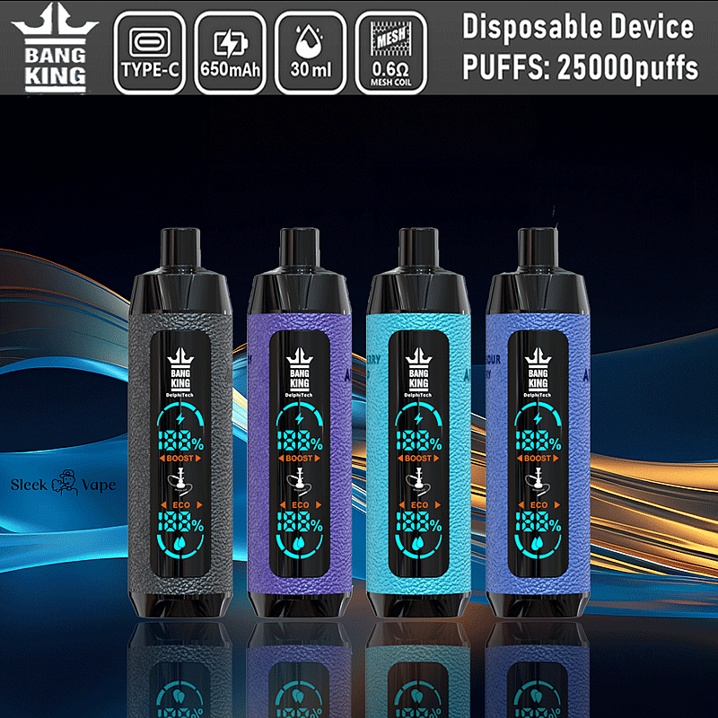 Bang King disposable vape devices with 650mAh battery, 30ml capacity, 0.6Ω mesh coil, offering 25,000 puffs, displayed in four colors.