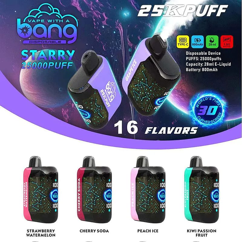 Kampanjbild av "Vape with a Bang" Starry engångsvape med 25 000 puffar, 16 smaker, en 3D-böjd skärm, 800mAh batteri och 28 ml e-vätskekapacitet, som visar upp smaker som Strawberry Watermelon, Cherry Soda, Fruit och Kiwi Pass Ice, Peach .