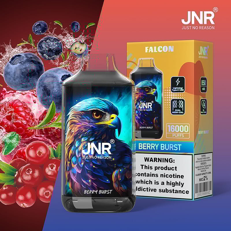 Bild på en JNR Berry Burst vape-produkt med en färgglad örndesign på förpackningen, omgiven av bilder av blåbär, hallon och tranbär.