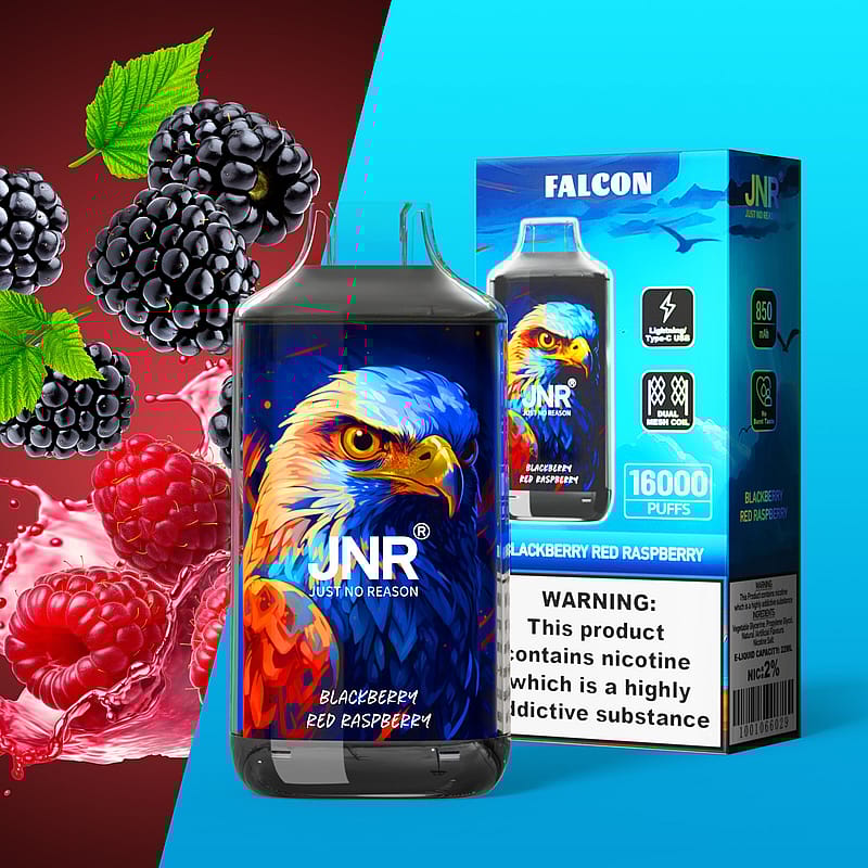 En vapejuiceflaska och förpackning med en färgglad örndesign, märkt "JNR Blackberry Red Raspberry."