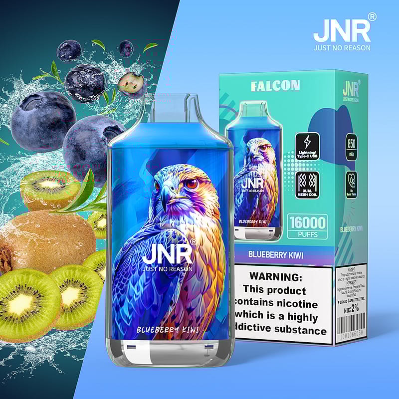 Vape-enhet och förpackning med falkdesign med blåbärs- och kiwiillustrationer.